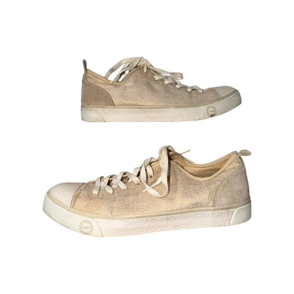 UGG Linen Canvas Lace Up Sneakers Beige Casual Comfort Shoes Women‎ 8.5 Metallic